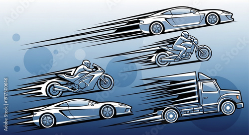 Fast moving vehicles including cars motorcycles and truck illustration.