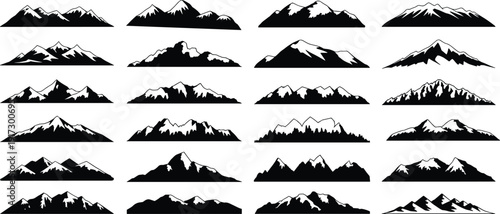 Black and white of various mountain ranges with snow-capped peaks mountains silhouette