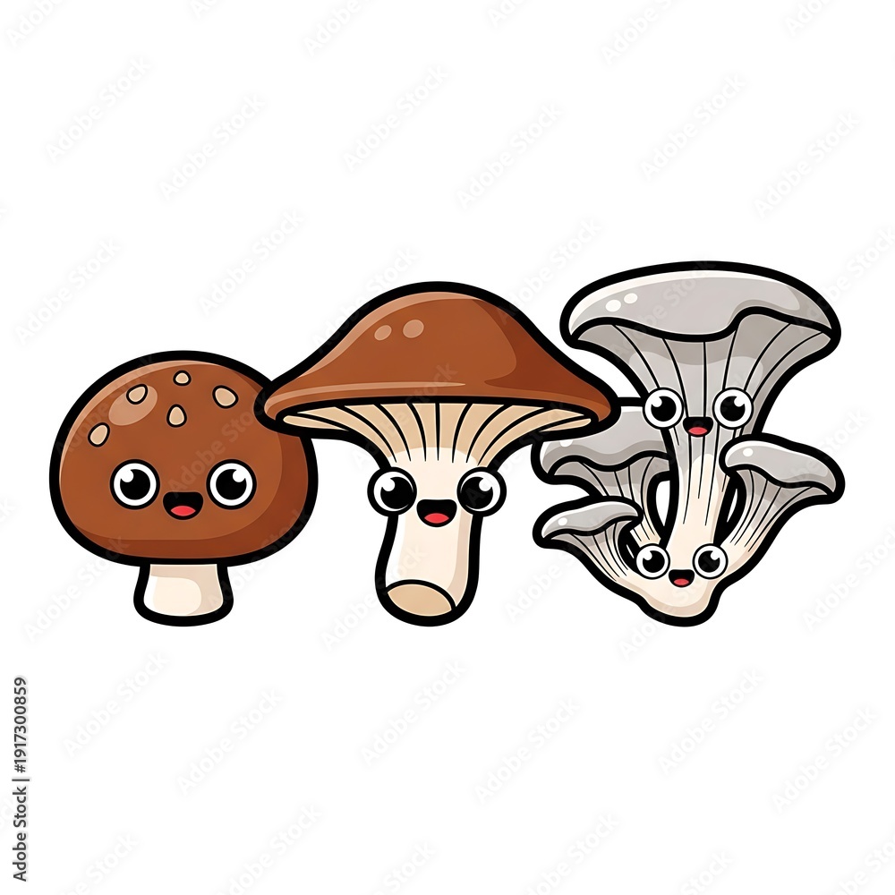 Fototapeta premium Cartoon Mushrooms with Funny Faces Illustration.