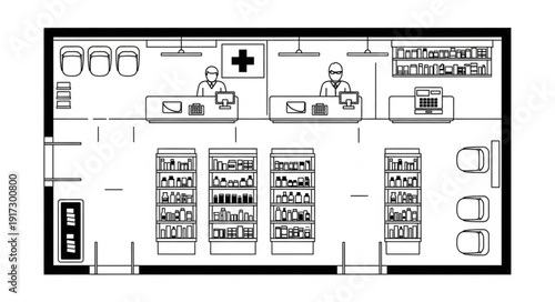 Pharmacy floor plan with aisles and counters.