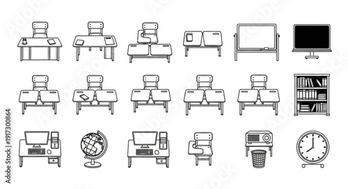 Collection of Office Furniture and Equipment Icons.
