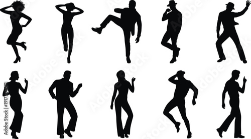 Dancing people silhouettes vector collection, men and women in disco poses, retro party dancers isolated on white background illustration set