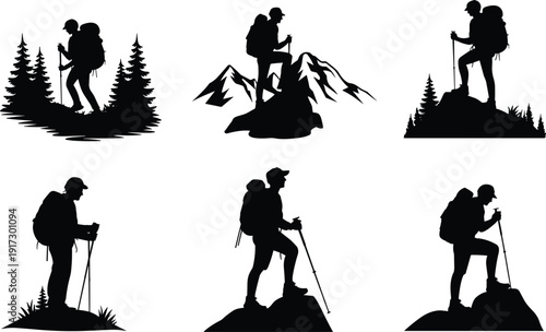 Silhouettes of hikers with backpacks and trekking poles in various outdoor settings mountains