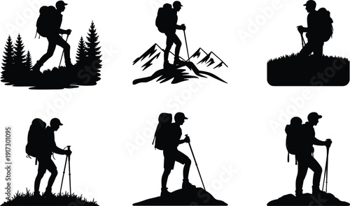 Silhouettes of hikers with backpacks and trekking poles in various outdoor settings