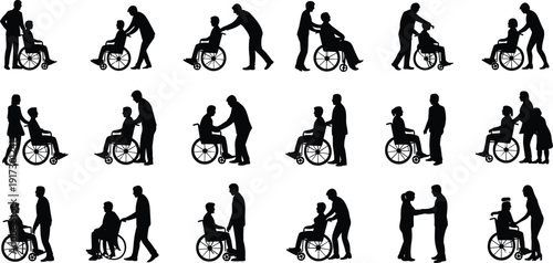 Silhouettes of people assisting individuals in wheelchairs in various supportive poses assistance