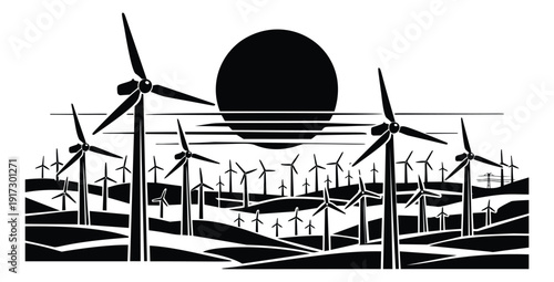 Graphic illustration of a wind farm and sun depicting clean energy generation for environmental sustainability