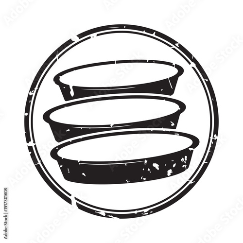 A black and white circular design featuring stacked round baking dishes or trays