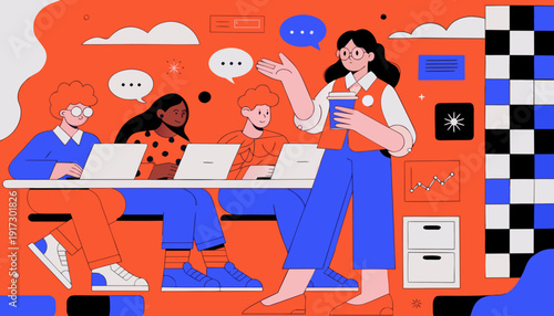 Confident Businesswoman Leadership Concept Modern Flat Female CEO Standing with Team Vector 