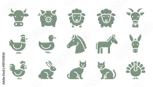 Extensive Collection of Simple Farm and Domestic Animal Icons for Agricultural and Pet-Related Projects