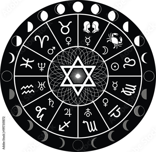 Mystical black and white zodiac wheel vector with twelve astrology signs moon phases planetary symbols and sacred geometry hexagram for horoscope divination and spiritual designs