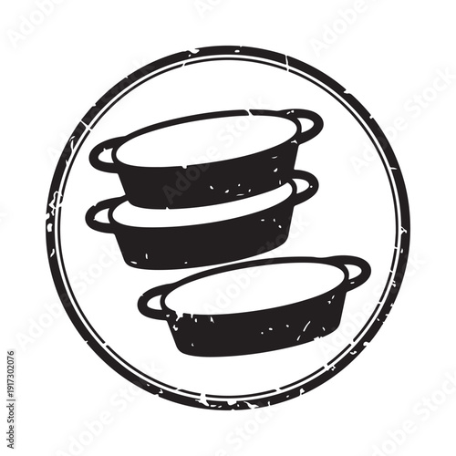 A simple black and white illustration depicts three stacked baking dishes with handles