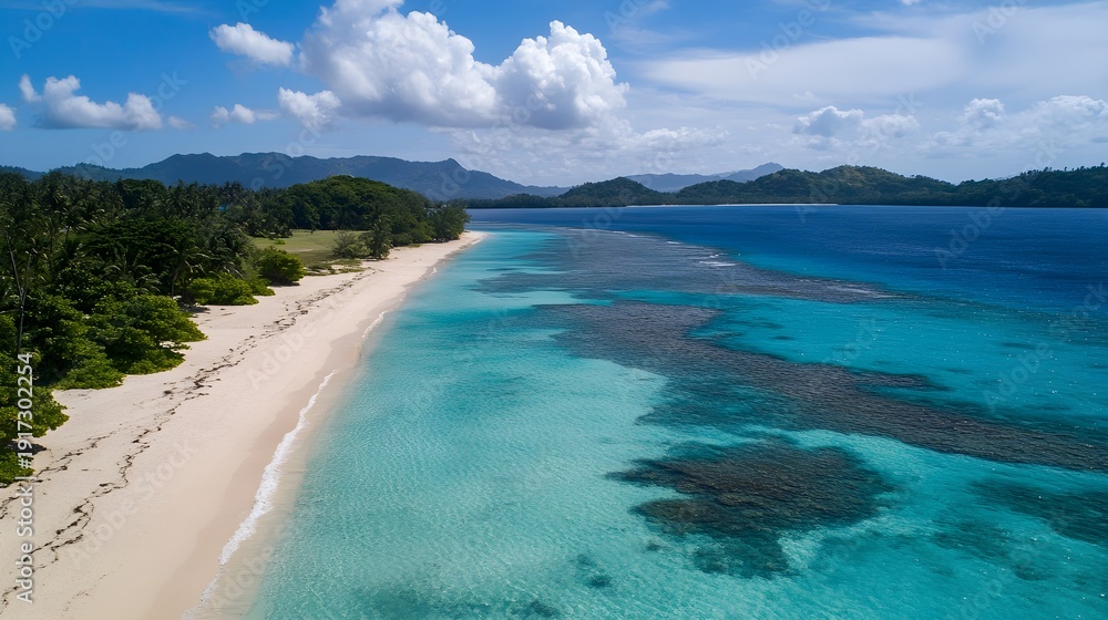 Obraz premium Aerial view of tropical beach with turquoise water and coral reefs