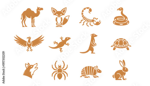 A curated vector icon set featuring diverse desert and arid region animals for nature-themed graphic design
