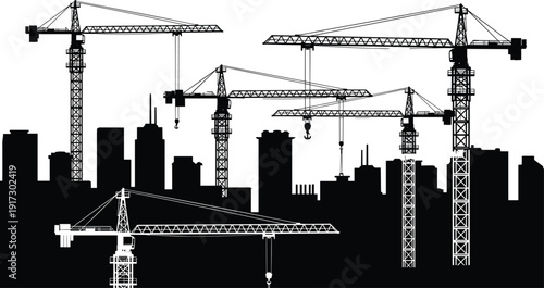 Black silhouette construction cranes tower multiple buildings skyscrapers city skyline urban development heavy machinery vector illustration landscape scene.