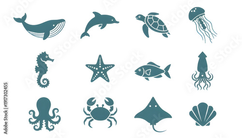 Comprehensive collection of marine animal silhouettes and icons, perfect for ocean-themed designs and aquatic branding projects