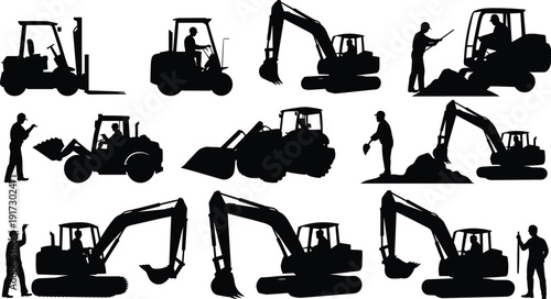 Black silhouette collection of excavators, loaders, forklift, operators driving, construction workers with shovel pointing gesturing heavy machinery vector illustration set.