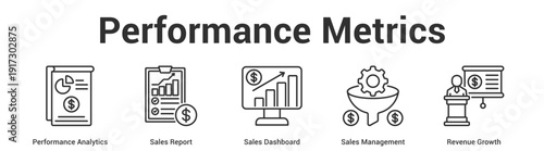 Performance Metrics web banner icon set vector illustration concept for business with icon of Performance Analytics, Sales Report, Sales Dashboard, Sales Manageme.