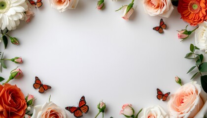Vibrant butterflies and colorful flowers frame a serene white space