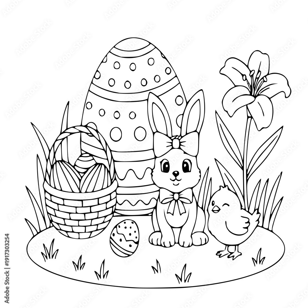 Fototapeta premium Cute Easter Bunny with Bow and Chick Coloring Page, Spring Garden with Easter Egg Basket and Lily Flowers, Holiday Activity for Kids Line Art