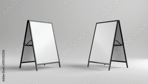 Blank white square A frame metallic outdoor advertising sandwich stand mockup set, isolated, 3d rendering. Clear street signage board mock up. A-board with metal frame template