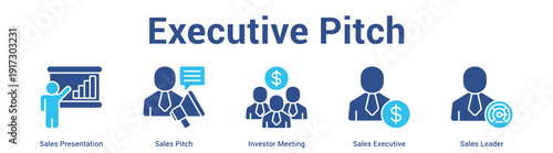 Executive Pitch web banner icon set vector illustration concept for business with icon of Sales Presentation, Sales Pitch, Investor Meeting, Sales Executi.