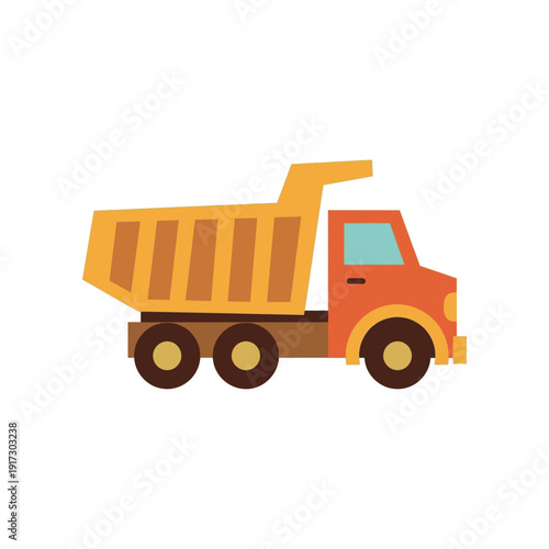 Dump truck illustration with orange cab and yellow dump body on white background