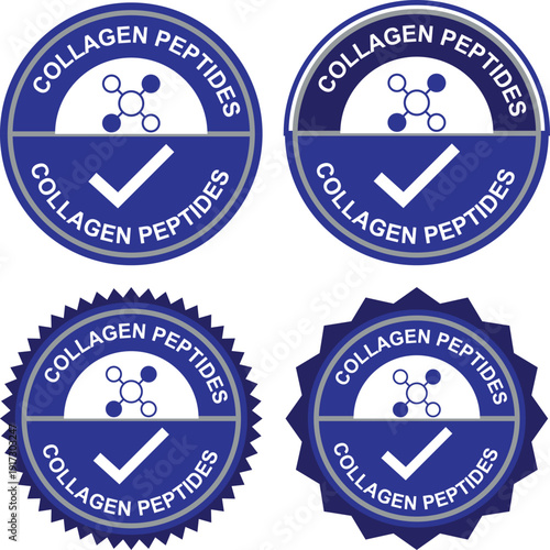 Collagen Peptides verified cosmetic ingredient badge set, skincare certification seal collection, dermatology protein formula quality stamp labels
