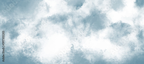 Grunge smooth light sky blue calming image of white clouds in a lavender sky evokes a sense of peace and tranquility, artistic watercolor painting style clouds background.