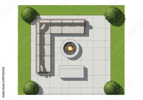 Outdoor Patio Seating Area With Fire Pit And Modern Sectional Couch Arranged For Relaxation And Entertaining furniture icons top view interior design