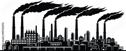 Black silhouette industrial factory skyline with tall chimneys smoking heavily pollution emissions manufacturing plant cityscape vector illustration.