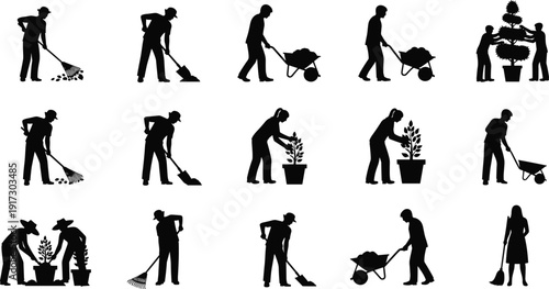 Black silhouette gardening icons set people planting raking shoveling wheelbarrow farmer landscaper horticulture agriculture activity vector illustrations collection