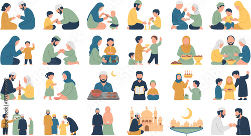 Islamic family character set performing various daily activities during holy month of ramadan