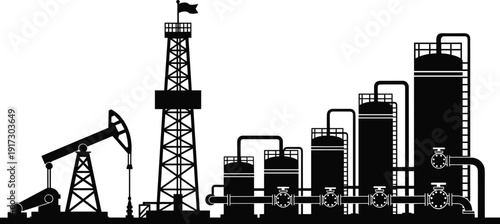 Black silhouette oil industry scene with pumpjack derrick and refinery processing plant tanks pipes distillation towers vector illustration