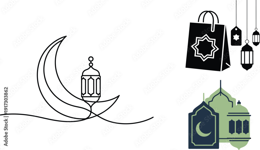 Fototapeta premium Ramadan and eid mubarak decorative elements, crescent, lantern, shopping bag, mosque in line art