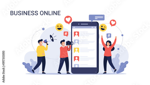 Diverse group of marketing professionals uses a camera and a megaphone to promote a business profile displayed on a giant mobile smartphone.