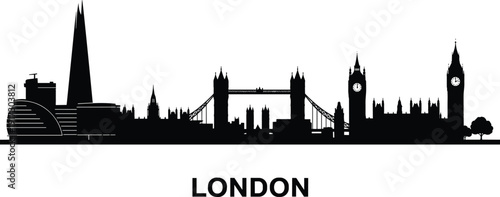 Black silhouette London skyline with Big Ben, Tower Bridge, The Shard, London Eye, modern cityscape landmarks vector illustration