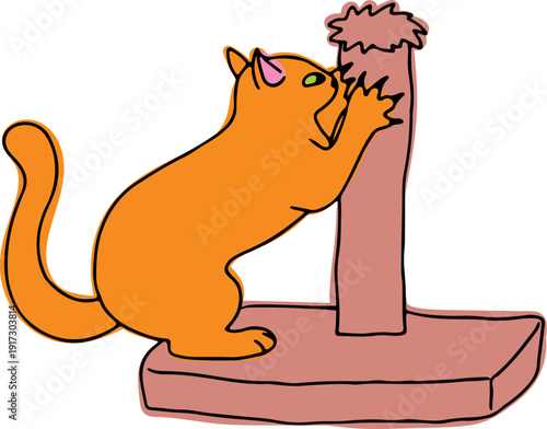 A cute and funny ginger cat sharpens its claws on a scratching post, drawn with crooked grunge lines