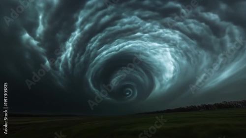 Dramatic storm clouds swirling over grassy field with dark sky