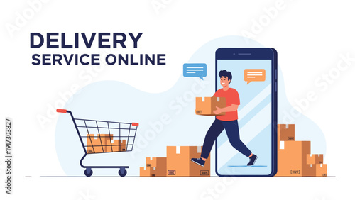 Fast online delivery service concept shows a courier stepping out of a mobile phone screen with packages next to a metal shopping cart.