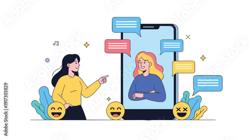 Two women engage in a digital conversation through a large smartphone screen featuring various colorful speech bubbles and happy emoji icons.