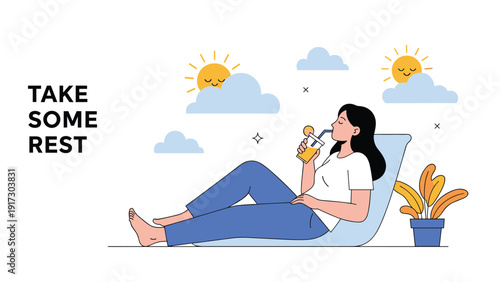 Peaceful woman enjoys a refreshing drink while relaxing in a comfortable lounge chair under a bright sun and blue sky with fluffy white clouds.