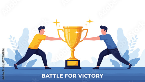 Two competitive men engage in a tug of war over a large golden trophy to illustrate the concept of intense business competition and victory.
