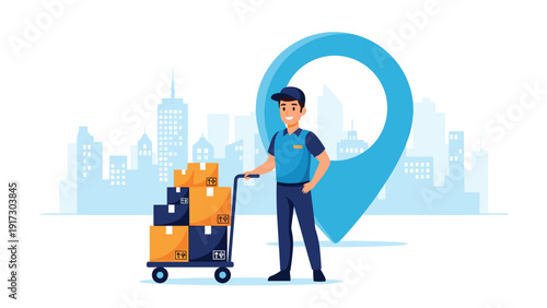 Professional delivery man stands next to a hand truck full of packages in front of a giant blue map pin and a modern urban city skyline.