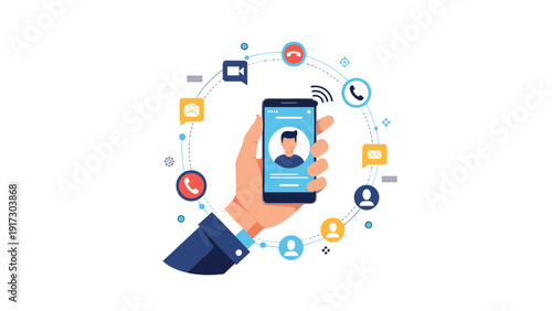 Hand holds a mobile smartphone surrounded by a circular network of communication icons including calls, messages, and video conferencing symbols.