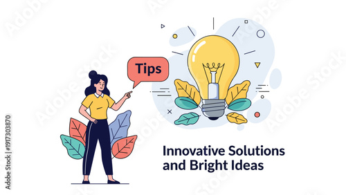 Knowledgeable woman points toward a large lightbulb surrounded by green leaves to offer helpful tips and innovative bright ideas for success.
