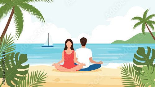 Peaceful couple sits in a meditation pose on a sandy tropical beach with palm trees and a sailboat on the calm turquoise ocean water.