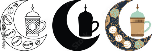 Ramadan moon with coffee cup and coffee beans detailed outline and silhouette