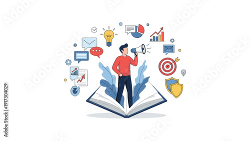 Public speaker uses a megaphone while standing on a large open book surrounded by various digital marketing and business communication icons.