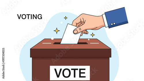 Person's hand places a white paper ballot into a brown wooden voting box during an election to represent civic duty and democratic participation.