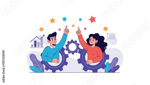 Creative team members emerge from large purple gears and point toward colorful stars to illustrate a shared vision for innovation and success.